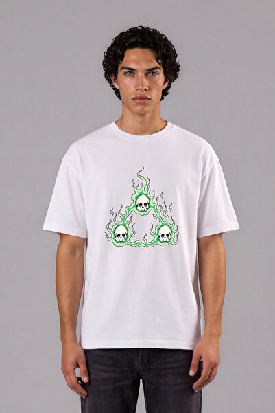 VSRN 3 Skull Design Front Printed White Oversize T-Shirt