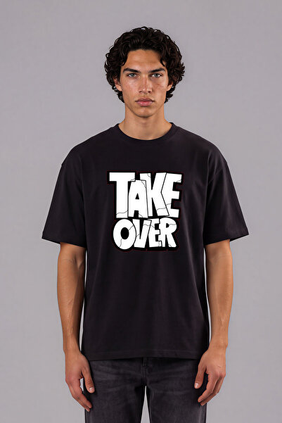 VSRN Tricou oversize negru cu imprimeu frontal Take Over Tasarım