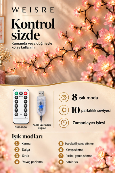 Weisre Sakura Çiçekli LED Dal Aydınlatma 1,5 m Kumandalı 8 Mod 10 Parlaklık Zamanlayıcılı