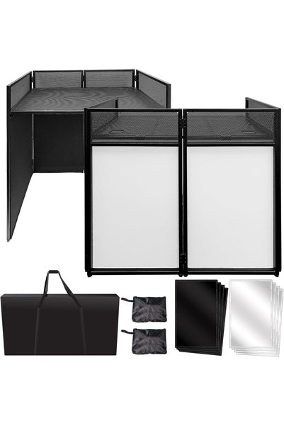Generic Portable DJ Facade Booth, Foldable DJ Table with Black and White Ligh...