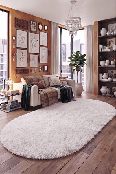 SOFT DECOR Beyaz Kaymaz Taban Peluş Kesme Oval Yolluk Tozumaz Yumuşak Dokulu ...