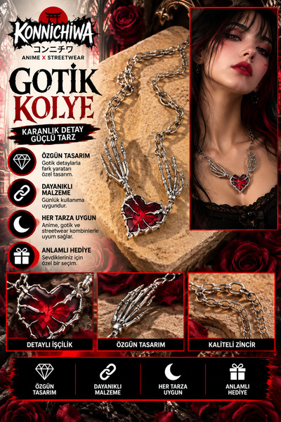 FG KONNİCHİWA Skeleton Hand Gothic Heart Pendant – Gothic Chain Necklace with...
