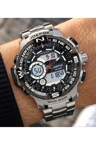 Joefox Dijital Analog Işıklı Spor Şık Orjinal Çelik Kordon Erkek Kol Saati 1730g