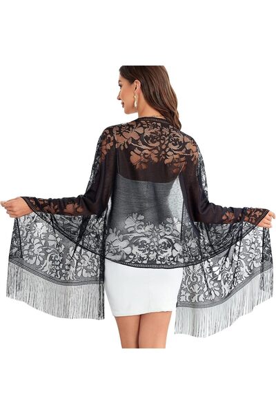 Generic Women's Floral Lace Scarf Shawl with Tassels, Soft Mesh Fringe Wraps ...