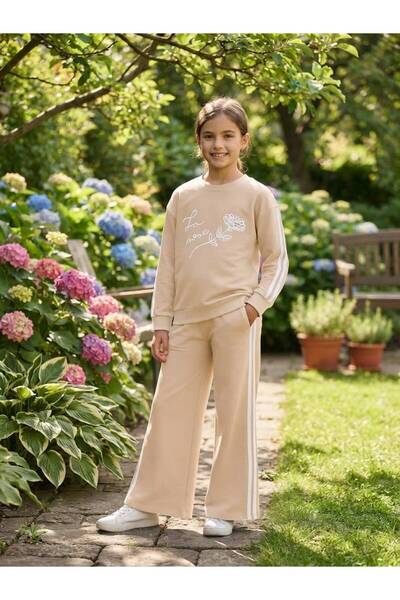 gül garden Girl's Embroidered Two-Thread Stripe Wide-Leg Sweatpants Set
