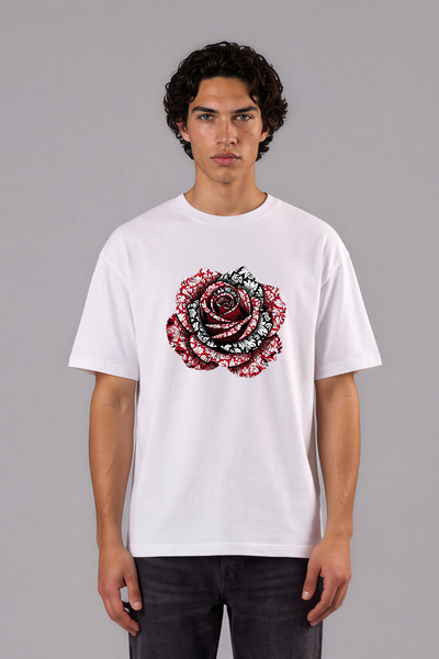 VSRN Tricou oversize alb cu imprimeu frontal cu design cu trandafiri