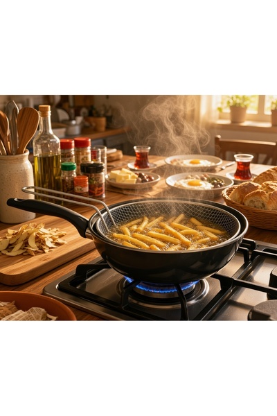 Emiva Home 26 cm siyah emaye telli patates cips kızartma wok vok sos kamp tava