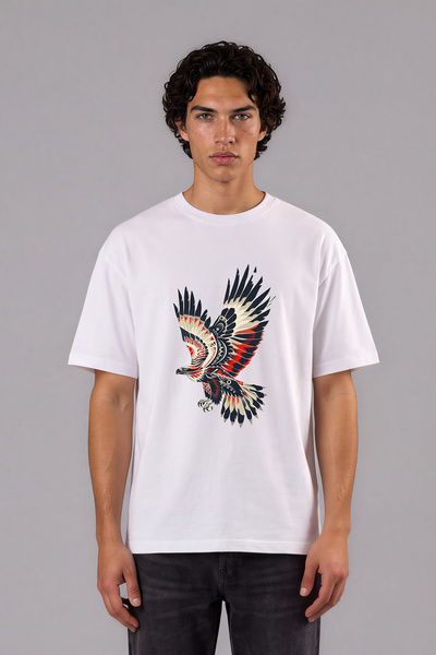 VSRN Tricou supradimensionat alb cu imprimeu frontal cu design de pasăre cu m...