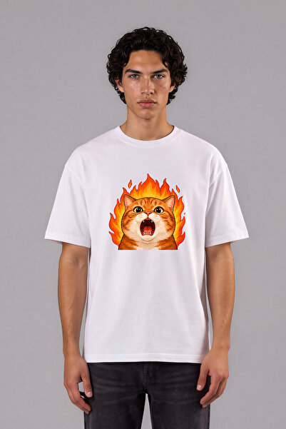 VSRN Flaming Cat Orange Design Prethodno otisnuta bela oversize majica