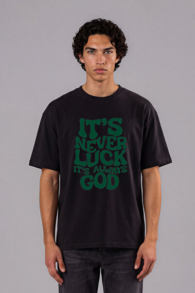 VSRN Tricou negru supradimensionat cu imprimeu frontal Its Never Luck Design