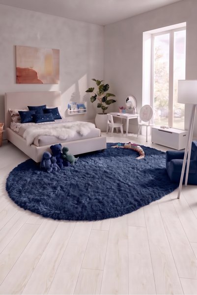 SOFT DECOR Lacivert Kaymaz Taban Peluş Oval Kesim Çocuk odası Tozumaz Yumuşak...