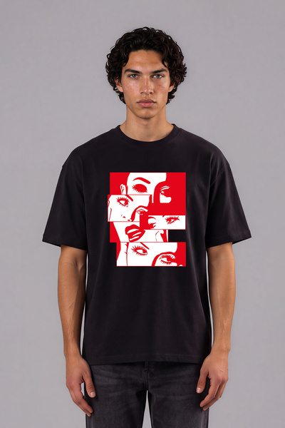 VSRN Tricou supradimensionat negru cu imprimeu frontal, design roșu, Sweet Women