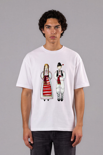 VSRN România Culture Design Tricou supradimensionat alb cu imprimeu frontal