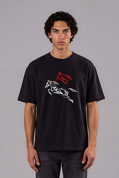 VSRN Tricou oversize negru cu imprimeu frontal cu model de cal