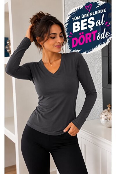moda felinya KADIN V YAKA UZUN KOLLU FÜME RENK BODY-BLUZ