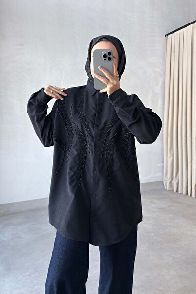 Ka Hijab Loren Nakış İşlemeli Modal Gömlek - Siyah