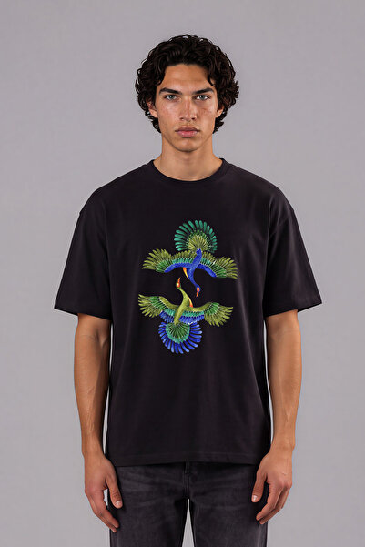 VSRN Tricou oversize negru cu imprimeu frontal, cu design cu păsări colorate