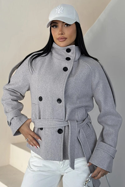 PRİFALDİ Agli̇mmer Vintage Women's Stand Collar Belted Short Lined Gray Cashm...