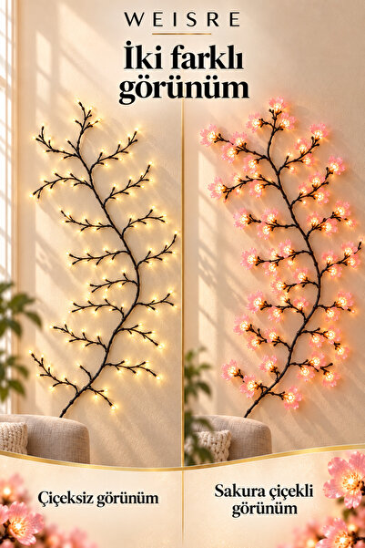 Weisre Sakura Çiçekli LED Dal Aydınlatma 1,5 m Kumandalı 8 Mod 10 Parlaklık Zamanlayıcılı