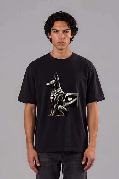 VSRN Tricou oversize negru cu imprimeu frontal Amibus Egyptian Design