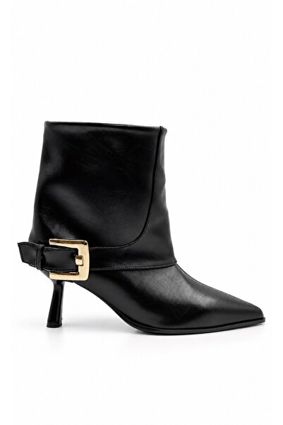 İX Janet Women's Black Leather Gold Buckle Pointed Toe Goblet Heeled Ankle Le...