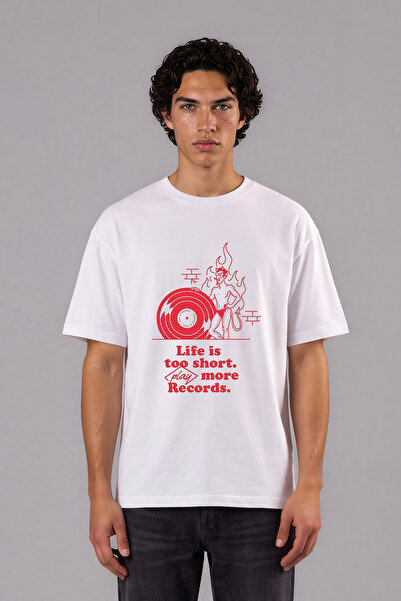 VSRN Life Is Short Design Μπλουζάκι με στάμπα μπροστά, λευκό, oversized