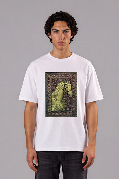 VSRN Tricou supradimensionat alb cu design covor brodat cu cai și imprimeu fr...