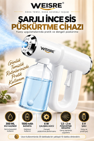Weisre Şarjlı İnce Sis Püskürtme Dezenfektan Cihazı 300 ml Hazne 1500 mAh Kablosuz Yüzey Spreyi