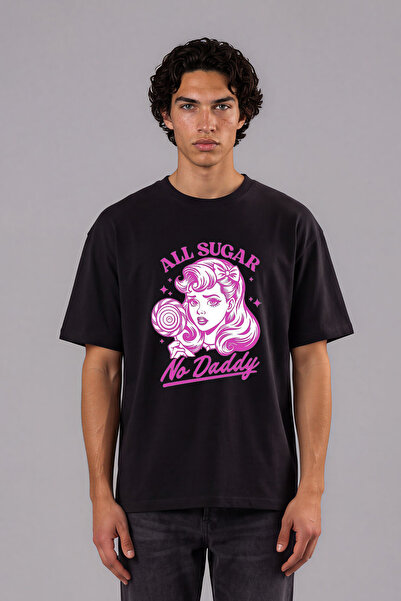 VSRN Tricou negru oversize cu imprimeu frontal All Sugar No Daddy Design
