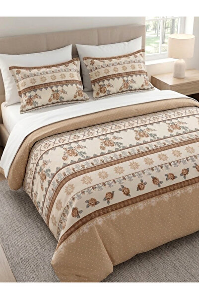 CAQQA Kanaviçe Brown Premium Double Duvet Cover Set with 4 Pillowcases |   El...