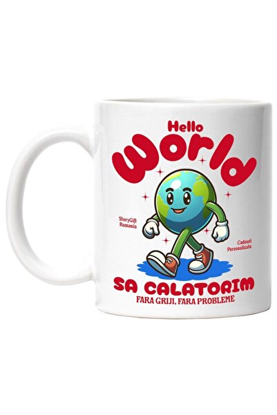 INOVATIX Personalized white mug, Animated Earth With Red Sneakers, Hello Worl...