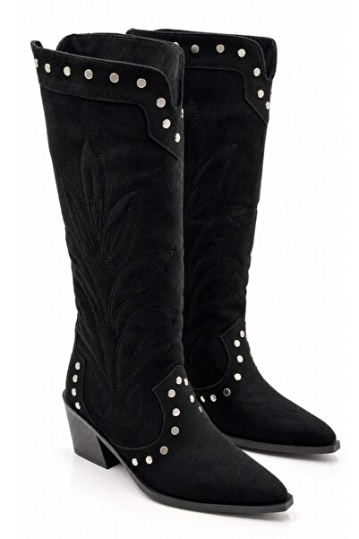 İX Statice Women's Suede Black Embossed Embroidered Pointed Toe Thick Heeled ...