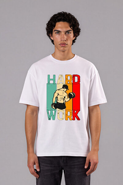VSRN Tricou oversize alb cu imprimeu frontal Hard Work Gym Design
