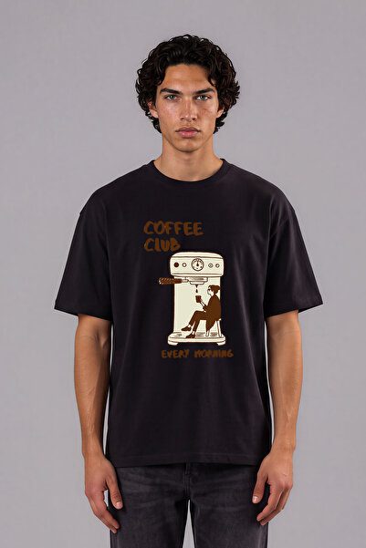 VSRN Tricou oversize negru cu imprimeu frontal „Coffee Every Morning Design”
