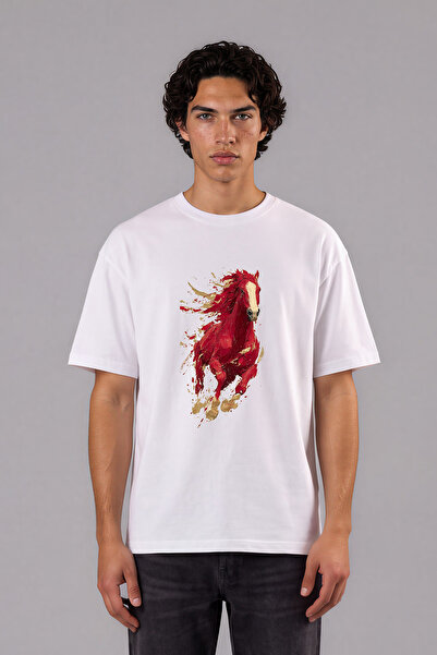 VSRN Tricou supradimensionat alb cu imprimeu frontal cu design Running Red Horse