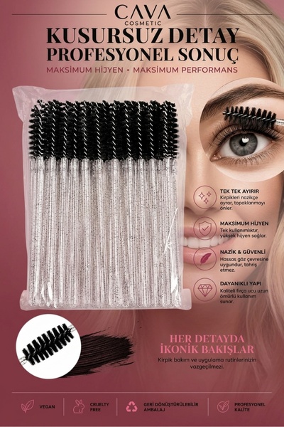 CAVA COSMETİC 50'li Simli Şeffaf Saplı Tek Kullanımlık Maskara Fırçası - Kaş ...