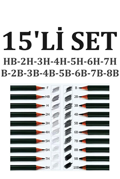 kitapsev Set of 15 Painting Drawing Pencils Graded Pencils 15 Pieces Fatih Gr...