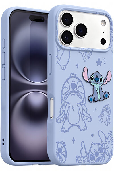 Fibaks iPhone 17 Pro Max / 18 Pro Max Kılıf Stitch Desenli Bebe Mavi Kadifems...