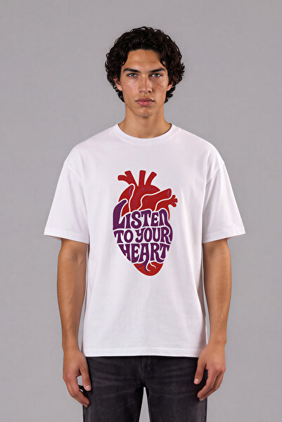 VSRN Tricou supradimensionat alb cu imprimeu frontal „Listen To Your Design”