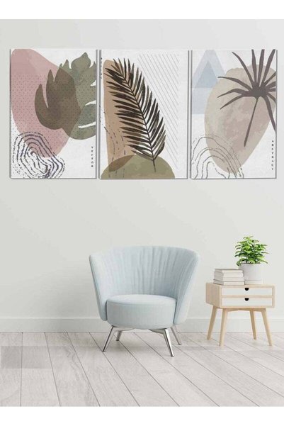 ALAYRA International مجموعة من 3 لوحات فنية مؤطرة على القماش بتصميم أوراق الن...