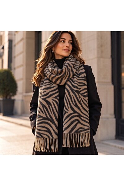 Aquasis Milan | Kadın Bej Siyah Kışlık Şal Atkı 66x195 cm | Oversize Zebra De...