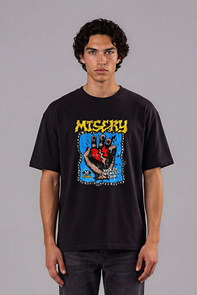 VSRN Tricou negru supradimensionat cu imprimeu frontal Mtsery Design