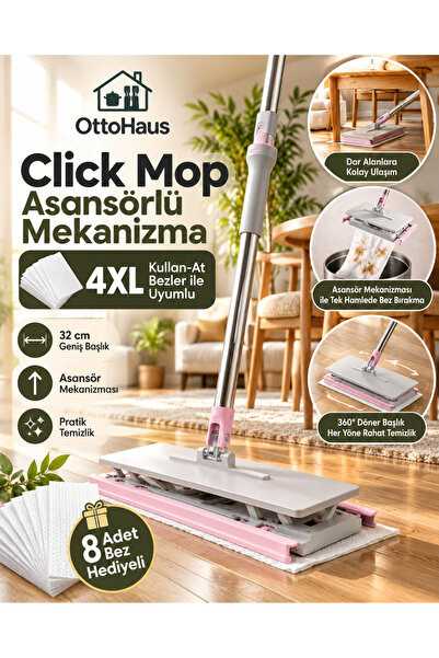 Click Mop Asansörlü Mekanizmalı 32 cm 4XL Kullan-At Bez Uyumlu 360° Döner Başlıklı Mop – 8 Adet Bez Hediyeli