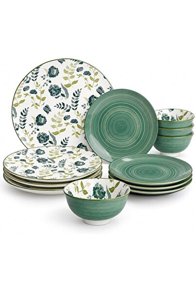 SHALLOW Porcelain Noah Dinner Set, 12 Pieces, Green, (4 Dinner Plates, 4 Side...