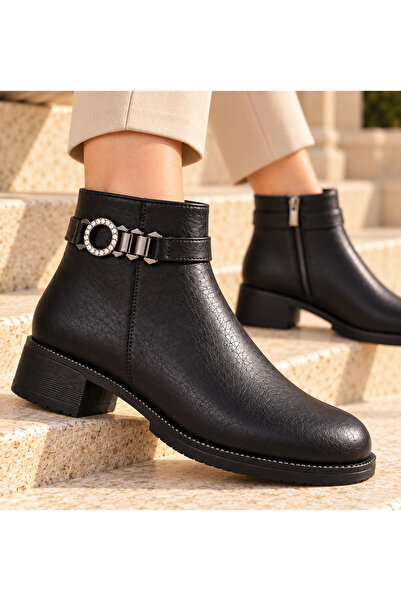 DAD WOLF Botine de damă cu design modern, cu cataramă cu pietre, cu toc mic, ...