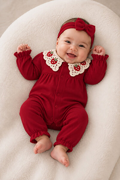 lova baby Kız Bebek Çilek Yakalı Tulum Takımı 0–3/3–6/6-9 Ay