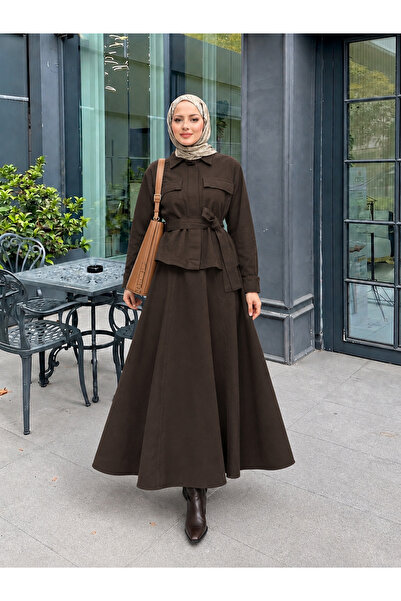 Kadın Gizli Düğmeli ve Kuşaklı Denim Etek Takım - Kahverengi