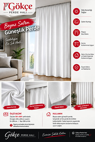 GÖKÇE Beyaz Saten Güneşlik Perde – 1. Kalite – Pilesiz Düz Dikim – Kornişli –...