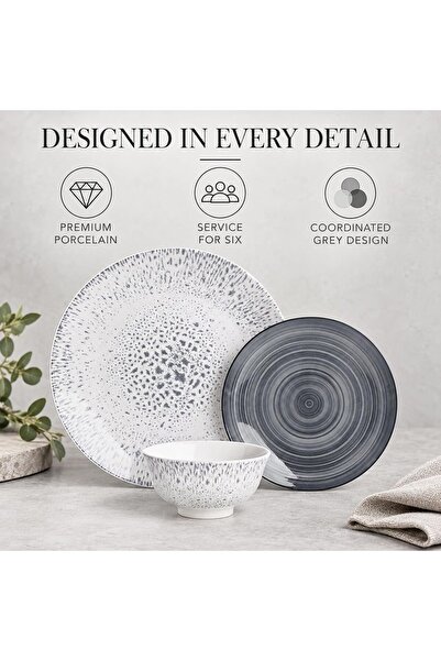 SHALLOW Porcelain LEO 18-Pc Dinner Set – Grey| 6 Dinner Plates, 6 Side Plates & 6 Small Bowls