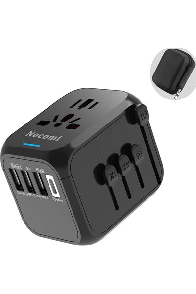NECOMI محول طاقة عالمي للسفر، شاحن دولي، محول طاقة للحائط مع 3 منافذ USB ومنف...